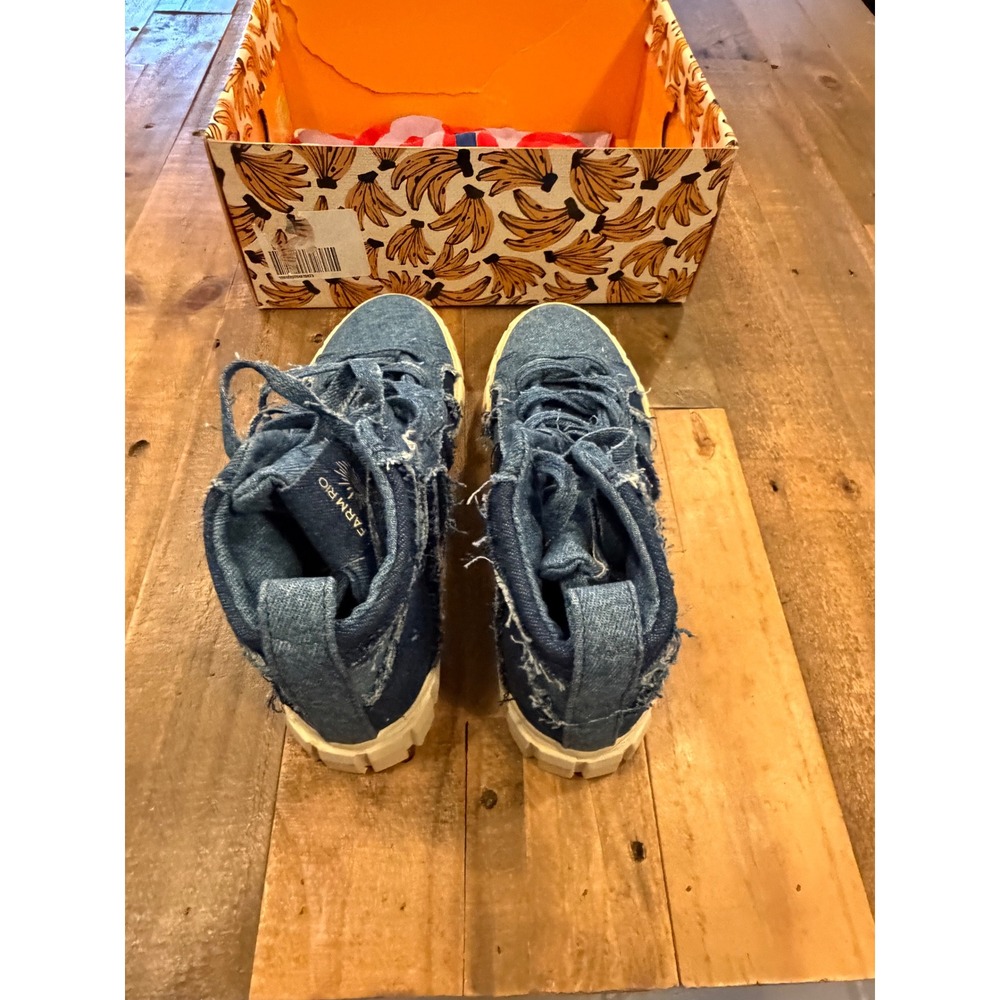 Farm Rio Patchwork Denim High Top Sneakers Blue Distressed Platform Vegan Shoes - Picture 4 of 11